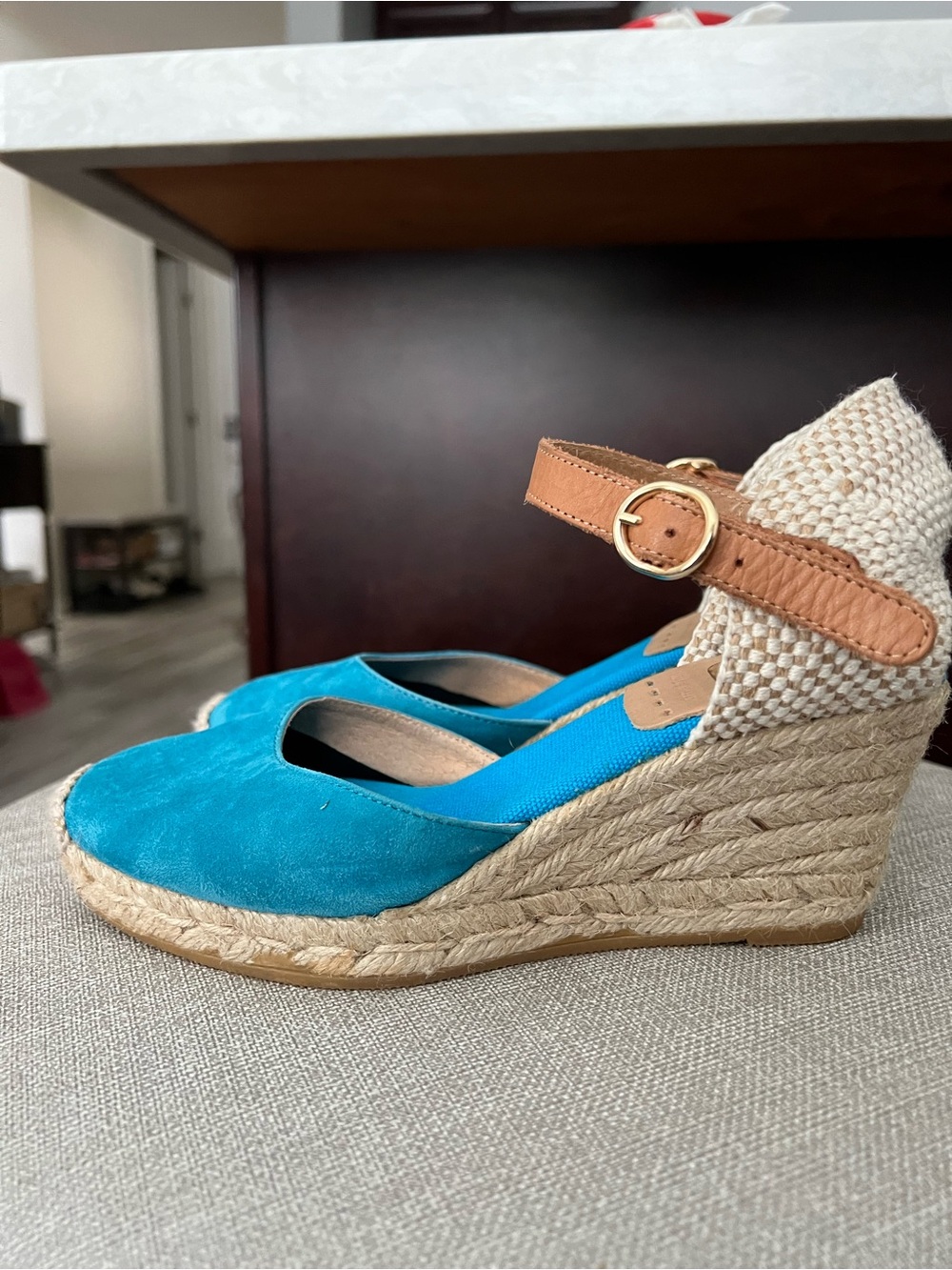 Kanna Teal Espadrille Wedge Sandals with Tan Ankle Strap size 36 - Picture 5 of 11